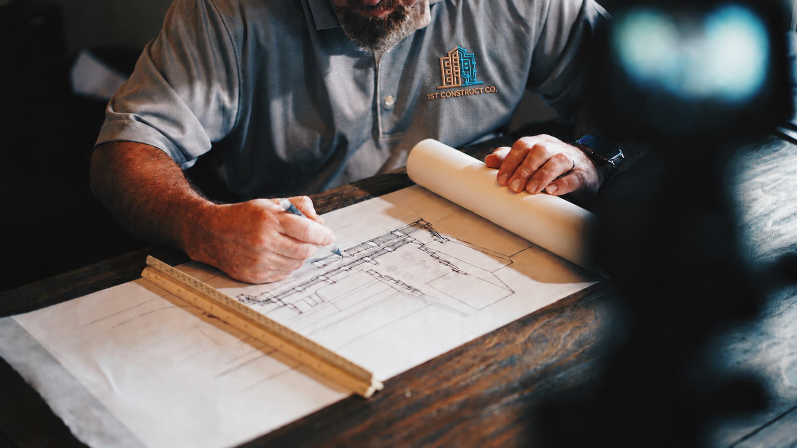 Photograph of architectural drawings and building planning work