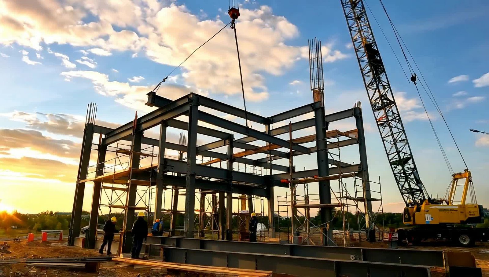 Steel framed construction site with workers and a crane